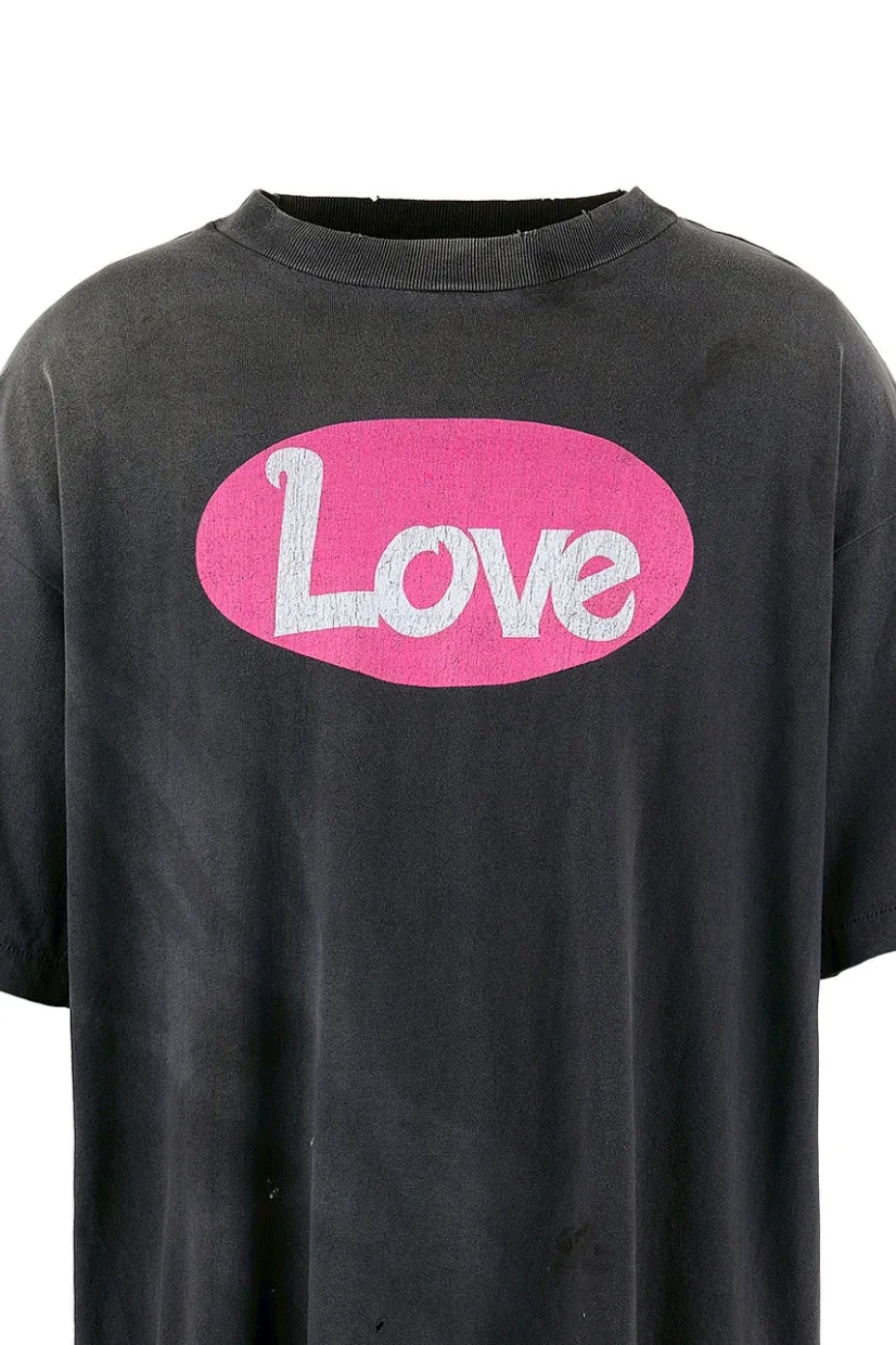 SAINT Mxxxxxx SS TEE/LOVE/BLK LOVE Pink Love Skull Distressed TEE Washed Black S-XL Cylindrical Fabric Ready-made Assute Dyeing Ma Liu Fading Washing Technology Top Printing Technology Handmade Graffiti Splashing Ink Correct Main Mark/Wash Mark/Anti-Counterfeiting Label Top Purchasing Level